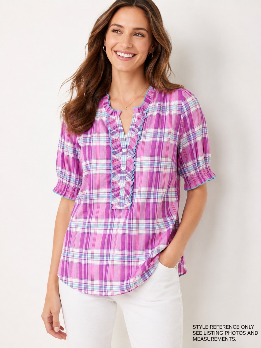 Talbots Plaid Popover Ruffle Cotton Blouse XS Pink